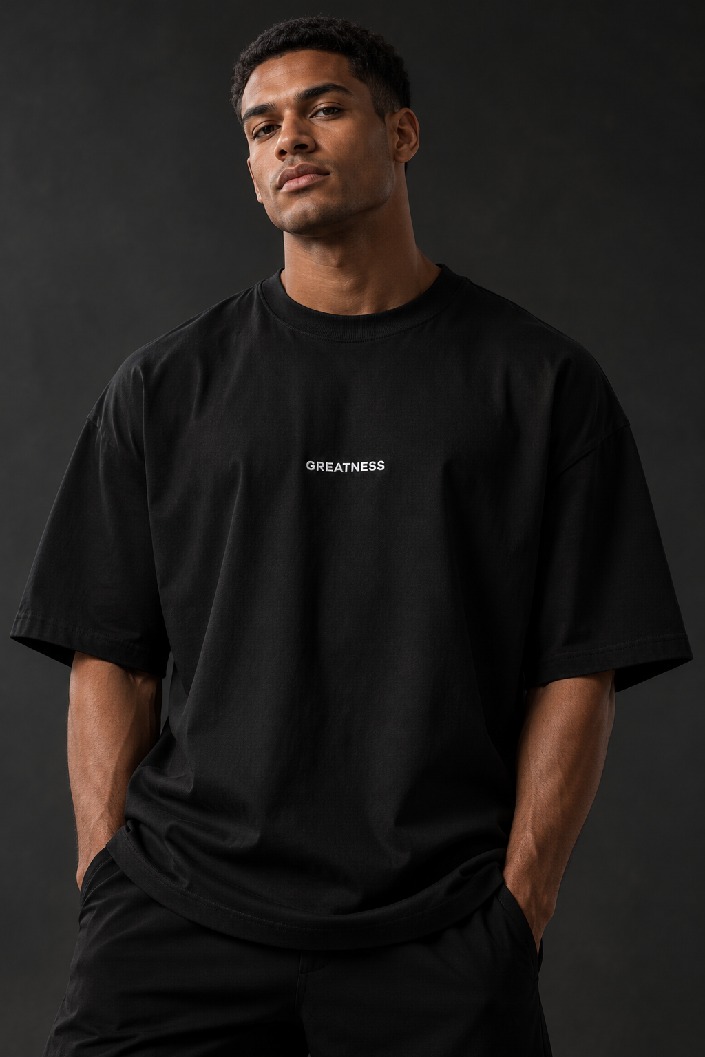 Maglietta oversize con ricamo GREATNESS Essential indossata, foto editoriale