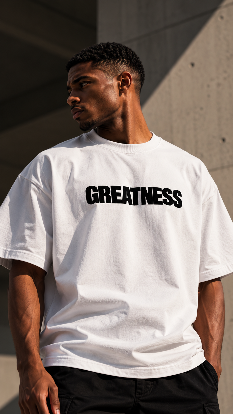 Maglietta boxy heavyweight Promise GREATNESS indossata, foto editoriale