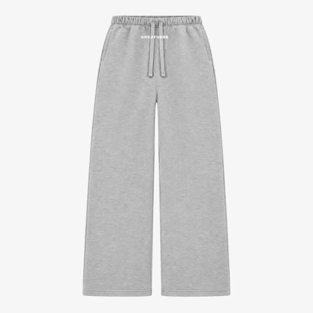 Pantalone tuta streetwear gamba dritta GREATNESS in grigio, vista frontale