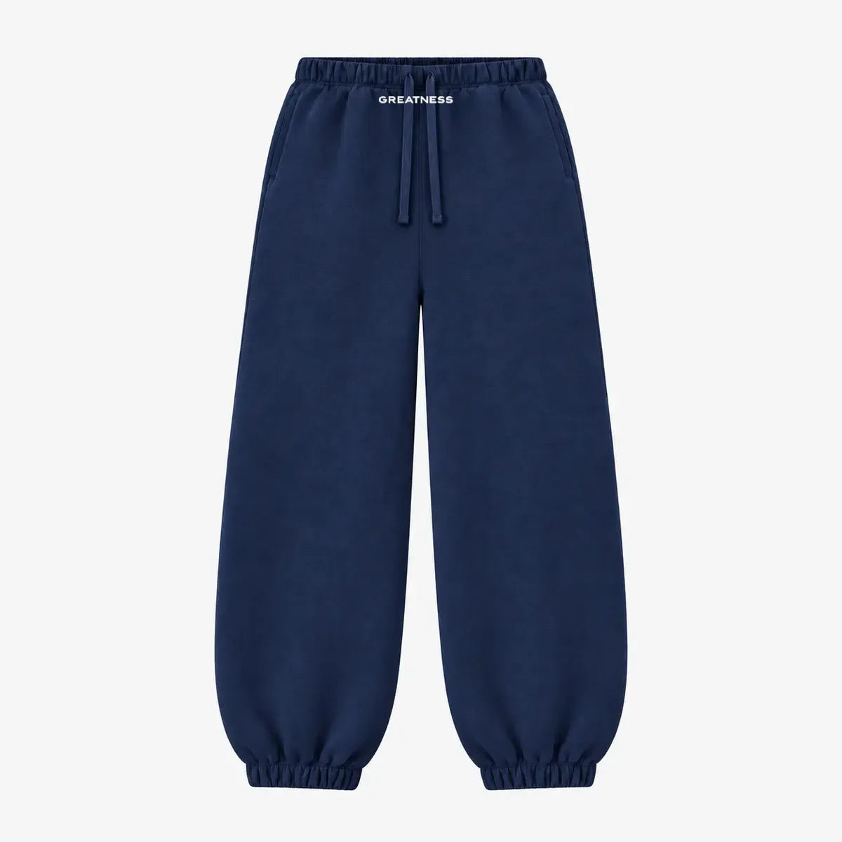 Pantalone tuta streetwear con polsino GREATNESS in blu navy, vista frontale