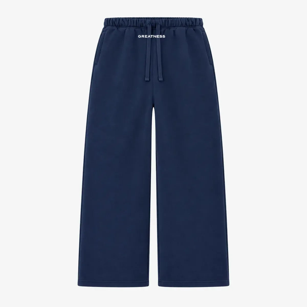 Pantalone tuta streetwear gamba dritta GREATNESS in blu navy, vista frontale