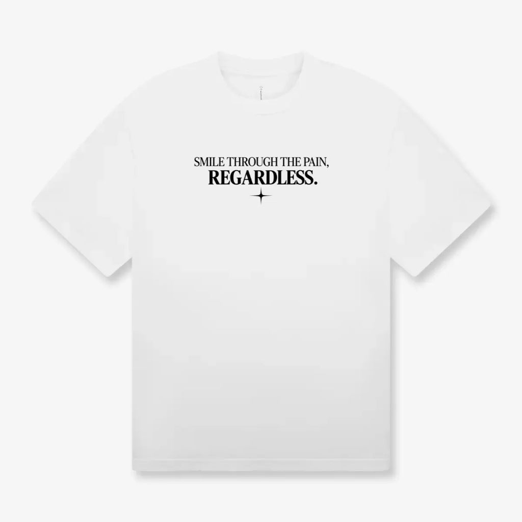 Maglietta oversize heavyweight 300 GSM Regardless GREATNESS in bianco, fronte