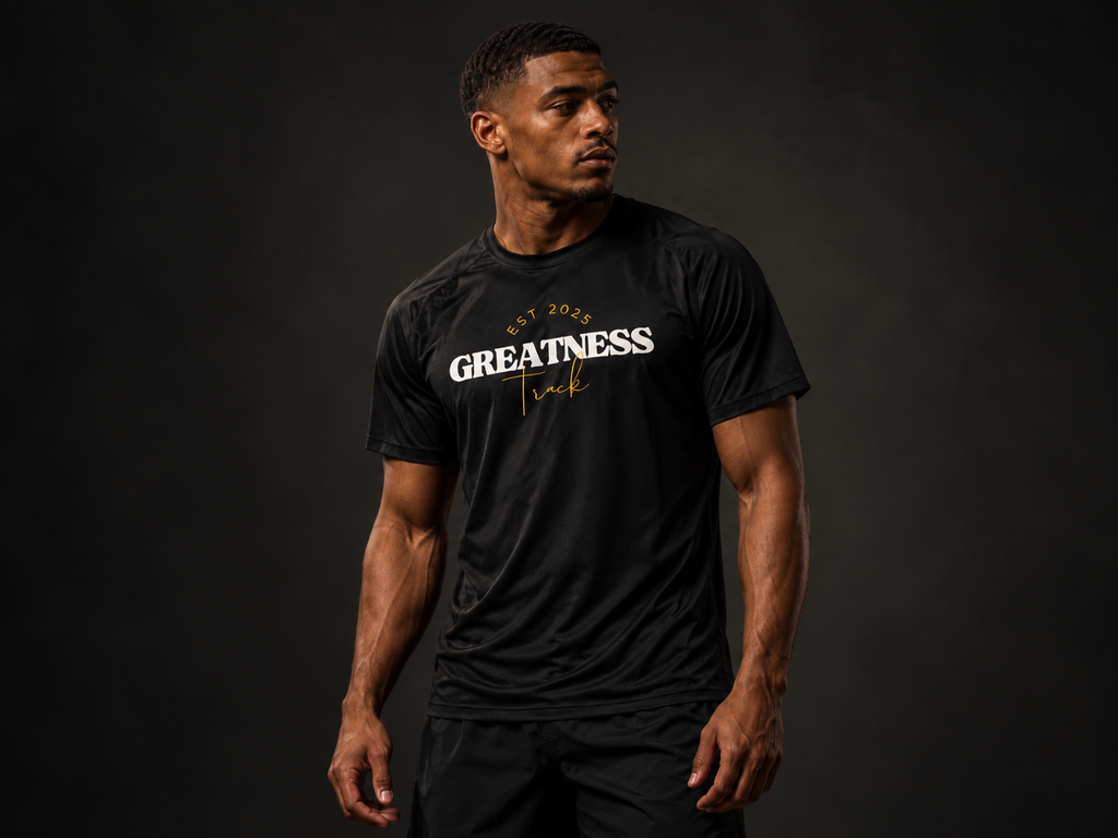 Maglietta sportiva GREATNESS Track Tee indossata, foto editoriale