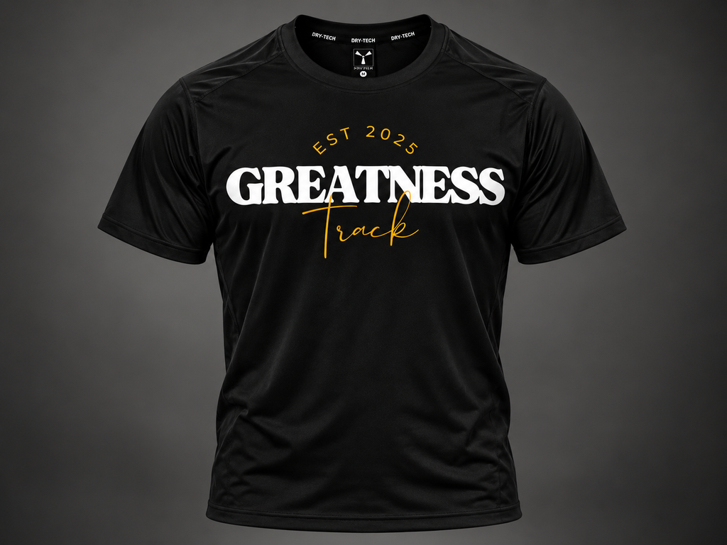 Maglietta sportiva GREATNESS Track Tee indossata, foto editoriale