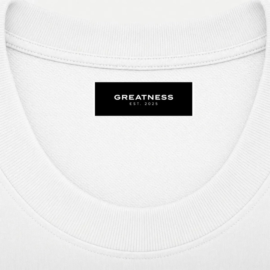 Maglietta oversize heavyweight 300 GSM Regardless GREATNESS in bianco, dettaglio etichetta interna