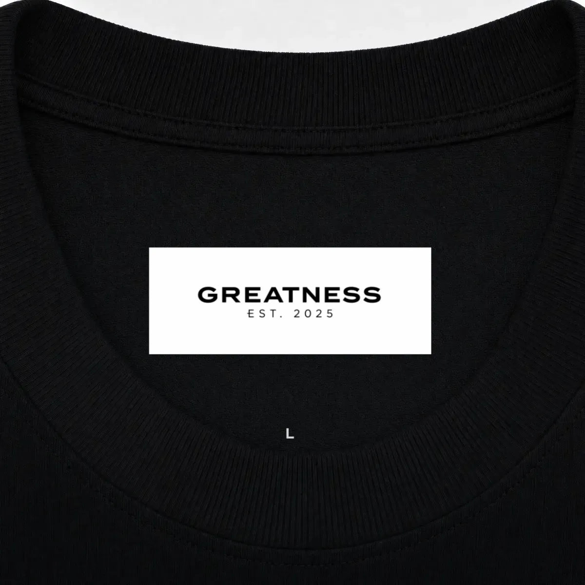 Maglietta boxy heavyweight Promise GREATNESS in nero, dettaglio etichetta interna