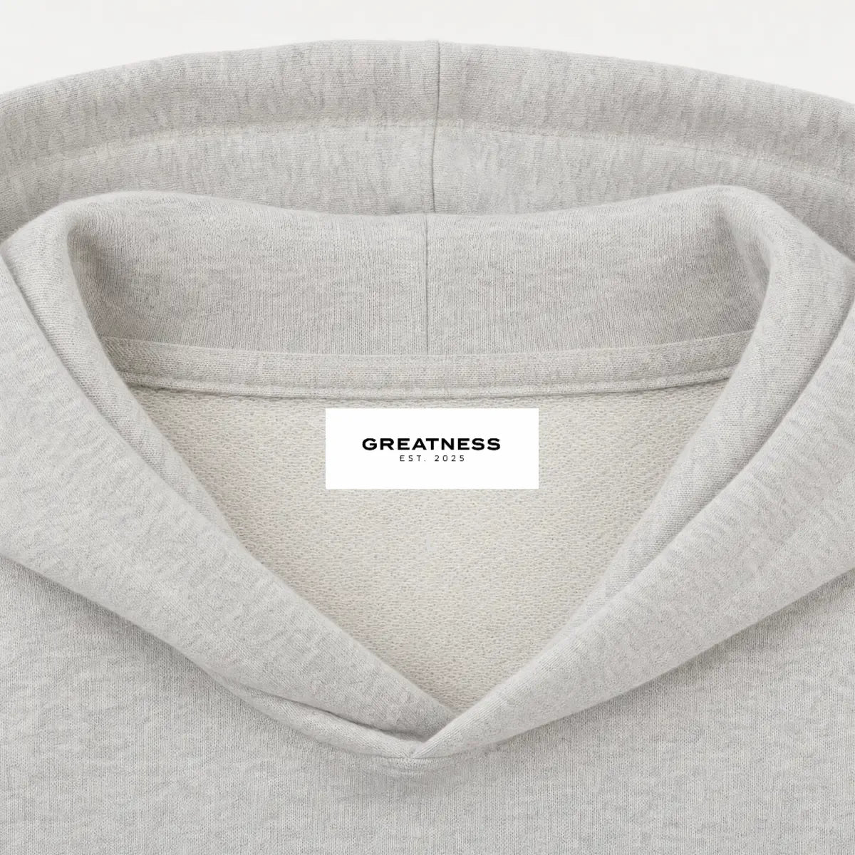 Felpa con cappuccio boxy 620 GSM GREATNESS Essential in grigio, dettaglio etichetta interna