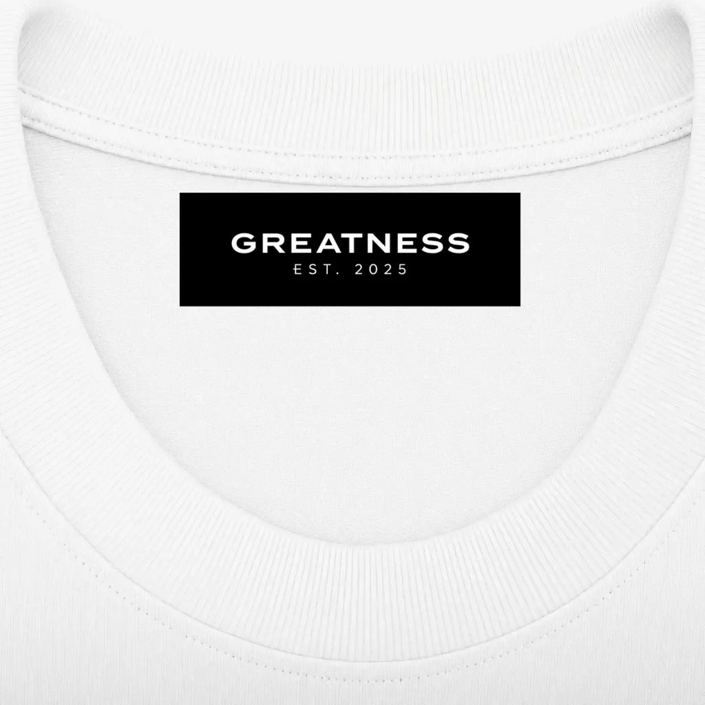 Maglietta boxy heavyweight We have things to do GREATNESS in bianco, dettaglio etichetta interna