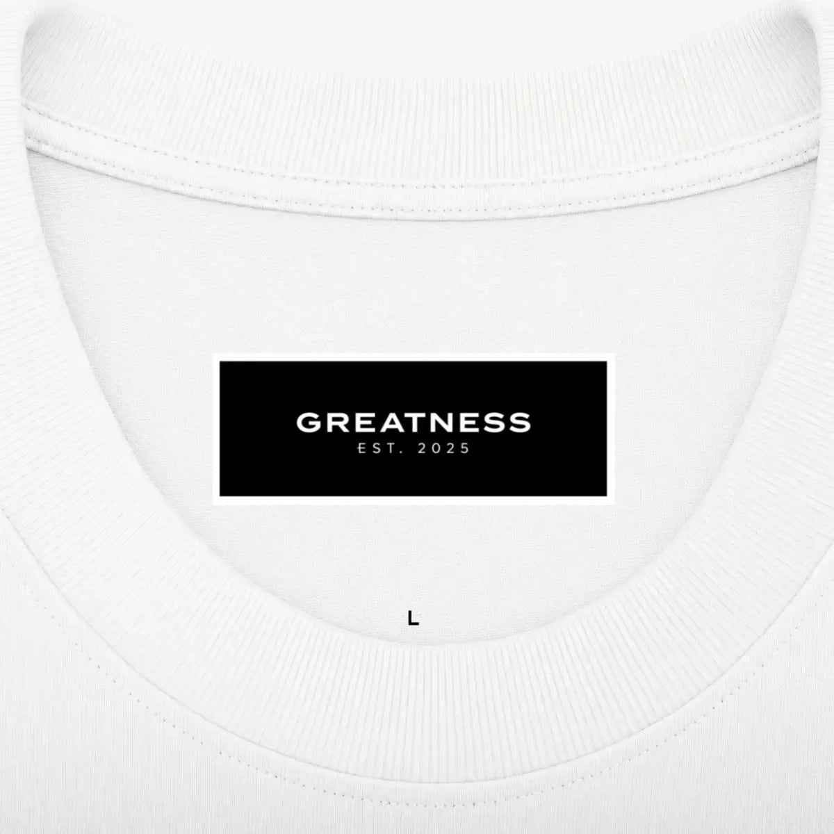 Maglietta boxy heavyweight Promise GREATNESS in bianco, dettaglio etichetta interna