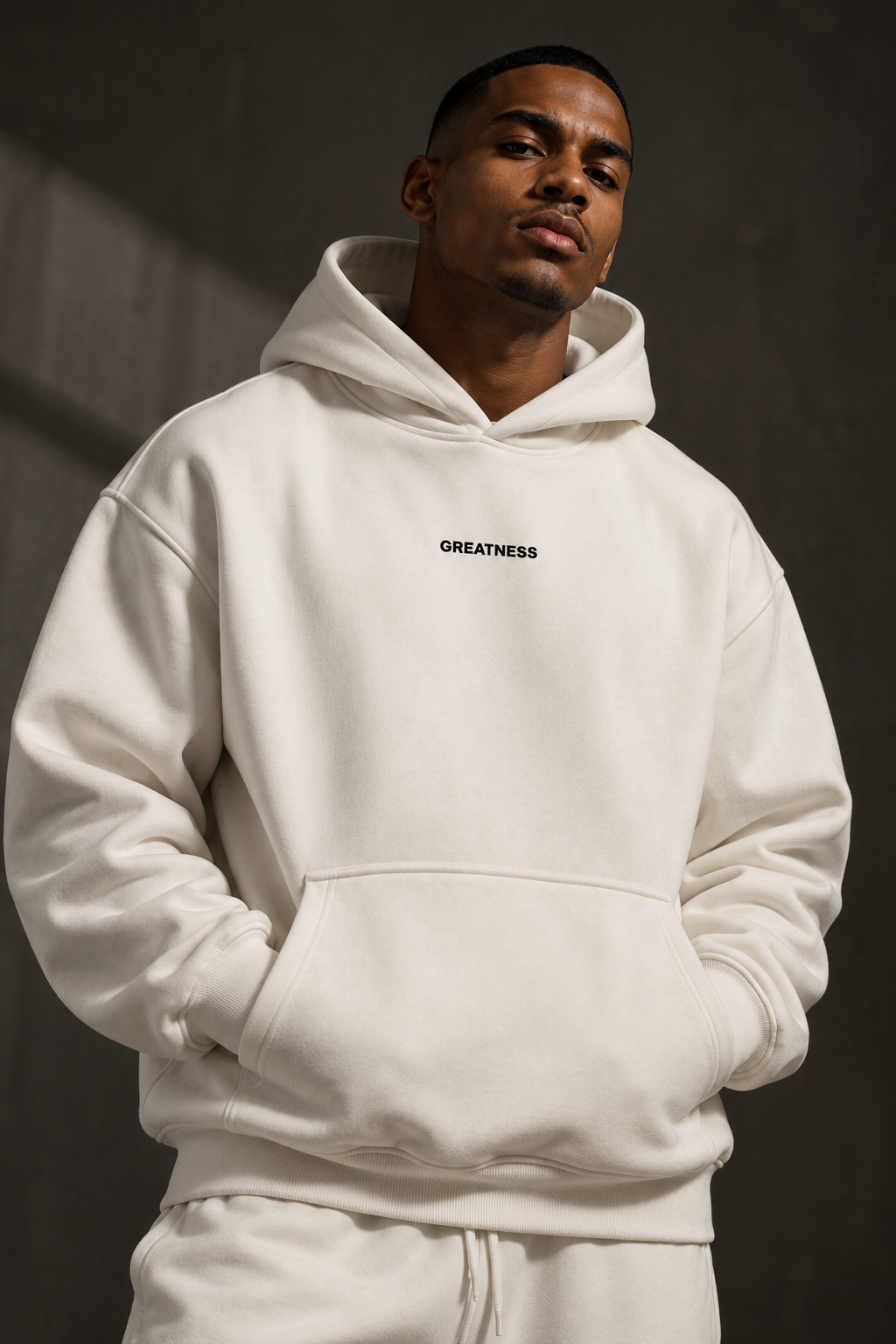 Felpa con cappuccio boxy GREATNESS Essential indossata, foto editoriale