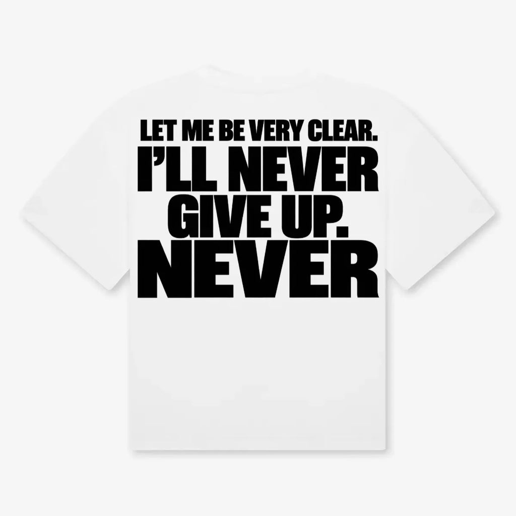 Maglietta boxy heavyweight Never Give Up GREATNESS in bianco, retro #collection