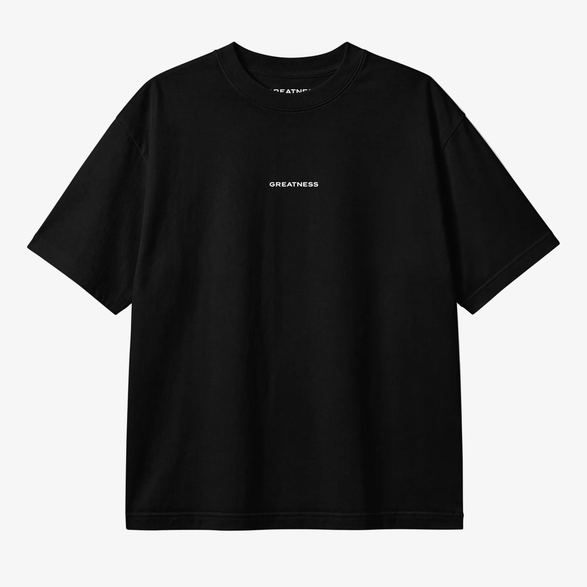Maglietta boxy Never Give Up GREATNESS in nero, fronte #collection-back