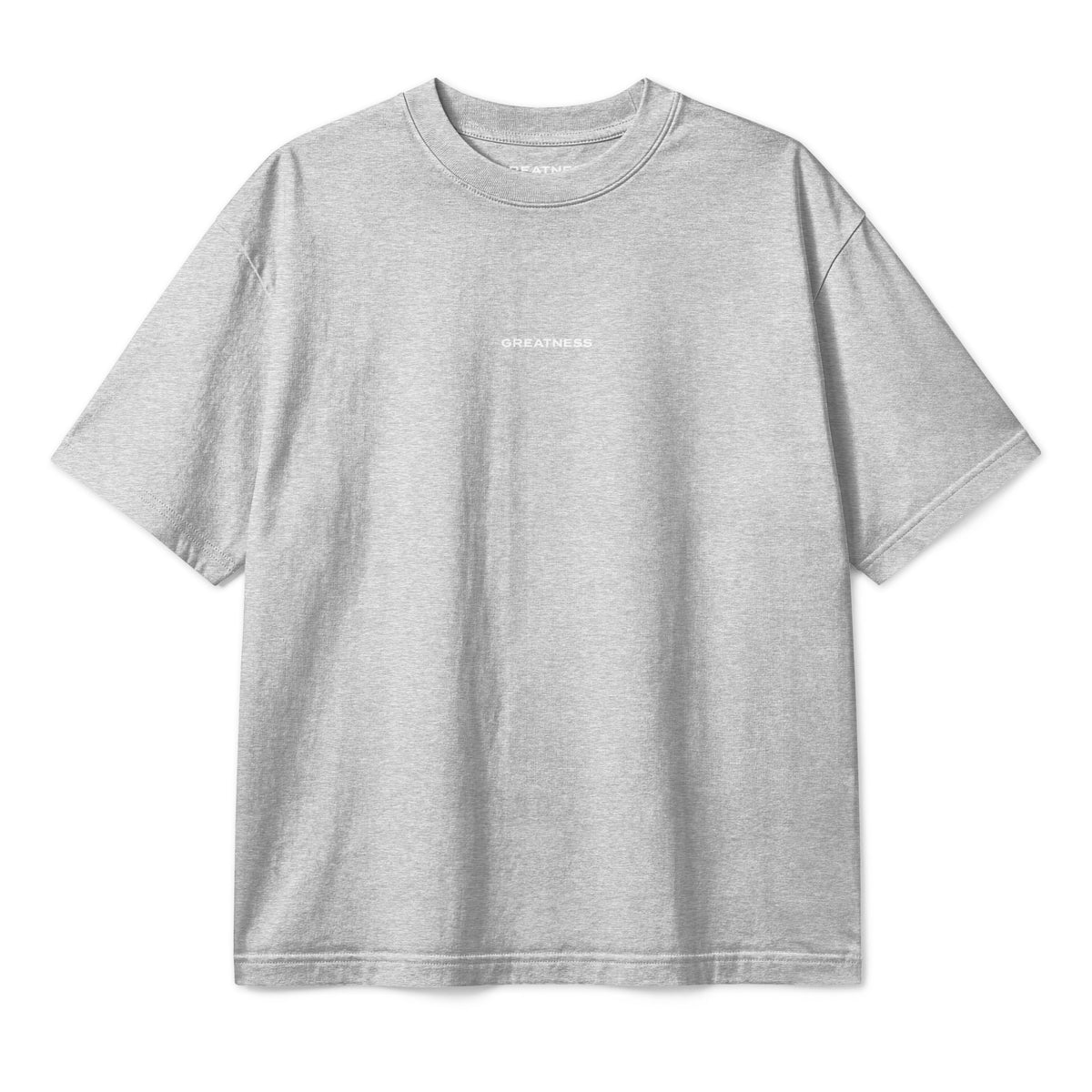 Maglietta boxy Never Give Up GREATNESS in grigio melange, fronte