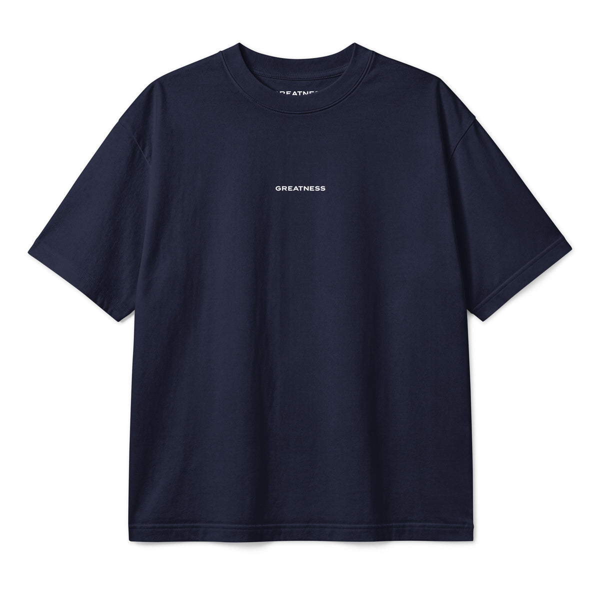 Maglietta boxy Never Give Up GREATNESS in blu navy, fronte
