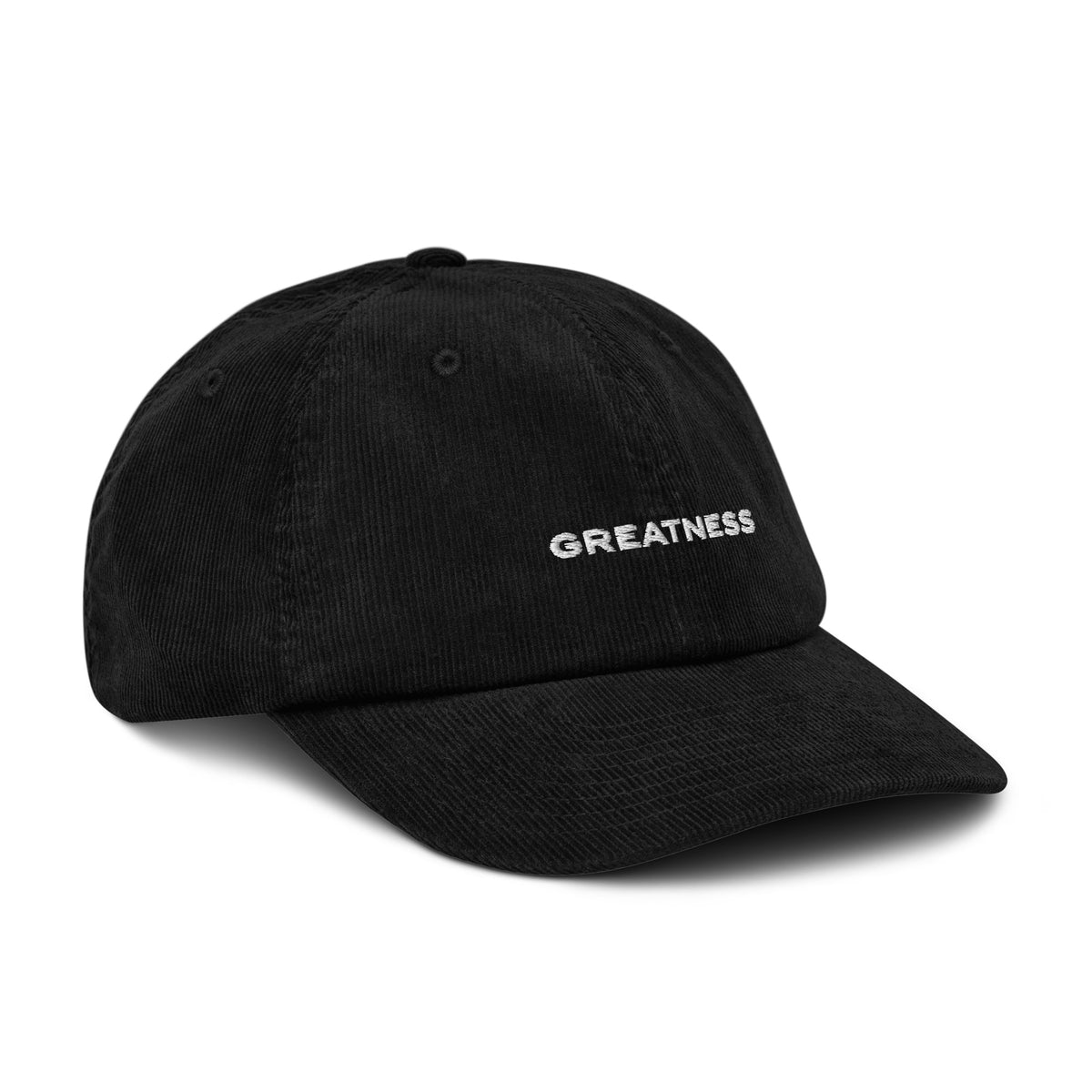 Cappellino in velluto a coste GREATNESS in nero, vista tre quarti destra