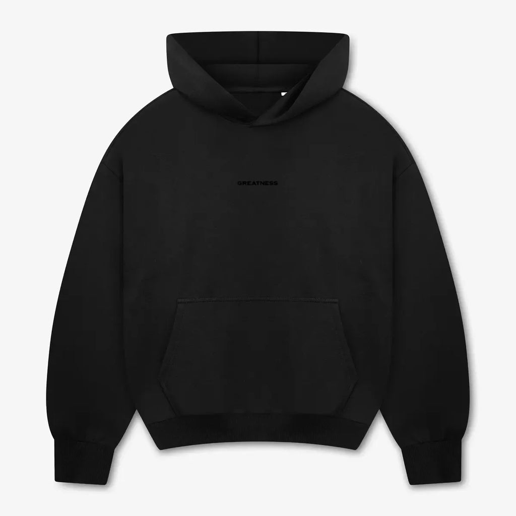 Felpa con cappuccio boxy GREATNESS Essential in nero, fronte
