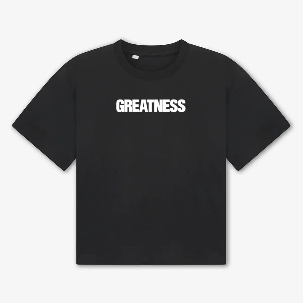 Maglietta boxy heavyweight Promise GREATNESS in nero, fronte