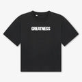 Maglietta boxy heavyweight Promise GREATNESS in nero, fronte