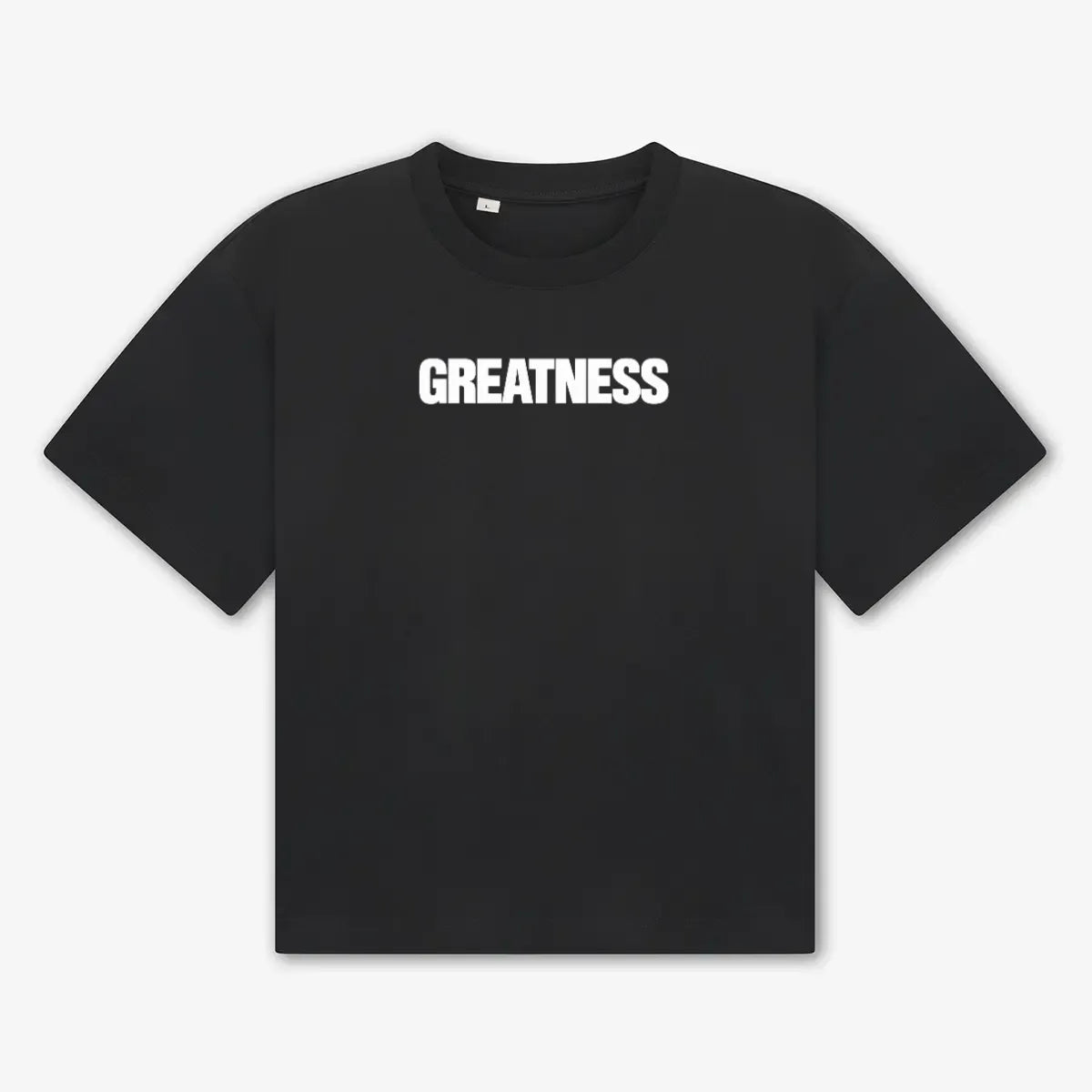 Maglietta boxy heavyweight Promise GREATNESS in nero, fronte